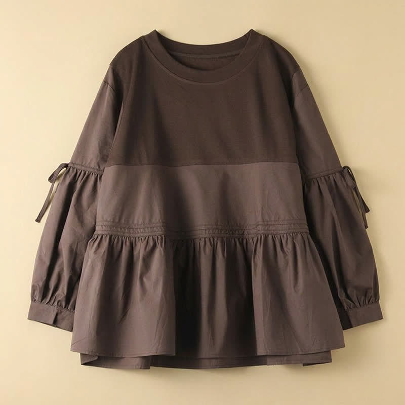 Buddha Stones 春秋カジュアルヴィンテージクルーネックペプラム裾ドローストリング無地レディース長袖Tシャツ - image 6