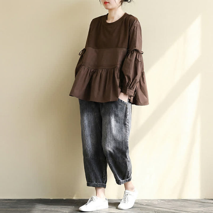 Buddha Stones 春秋カジュアルヴィンテージクルーネックペプラム裾ドローストリング無地レディース長袖Tシャツ - image 15