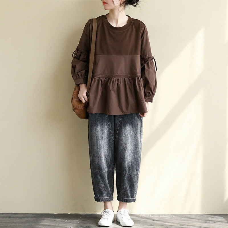 Buddha Stones 春秋カジュアルヴィンテージクルーネックペプラム裾ドローストリング無地レディース長袖Tシャツ - image 14