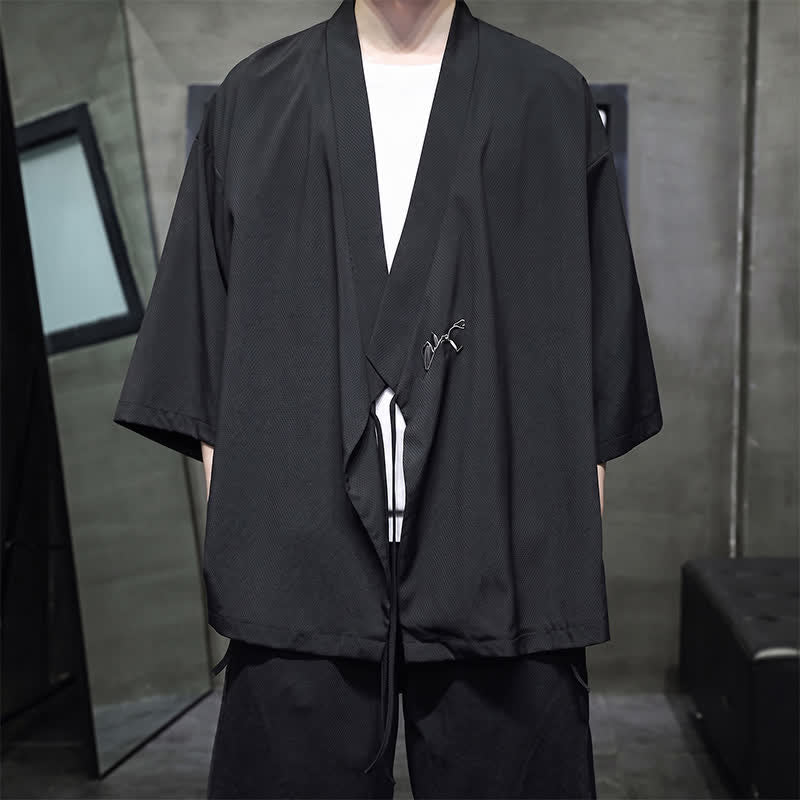Buddha Stones サマータンスタイル ミニマリスト ドローストリング 竹製 無地 七分袖 メンズ着物 - image 8