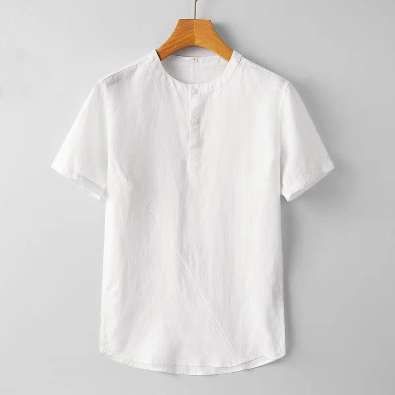 Buddha Stones無地半袖ボタン2つ付きポリエステルリネンメンズシャツ - 白 - US/UK/AU44、 EU54 (4XL) - image 1