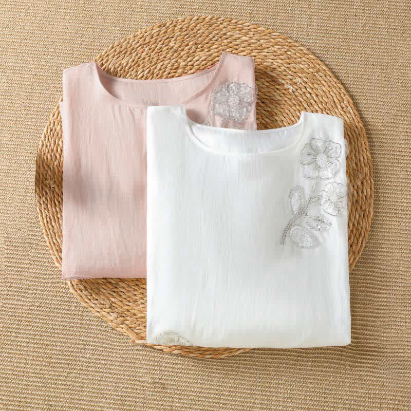 Buddha Stones 夏物カジュアルエレガント刺繍入りホワイト花柄クルーネックレディース長袖Tシャツ - image 9
