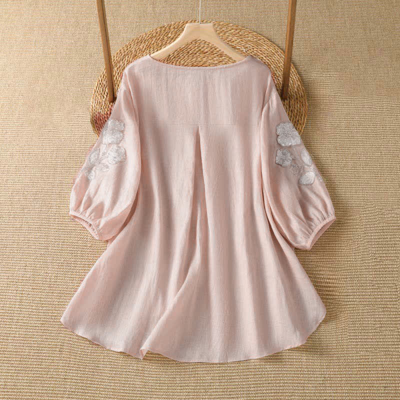 Buddha Stones 夏物カジュアルエレガント刺繍入りホワイト花柄クルーネックレディース長袖Tシャツ - image 1
