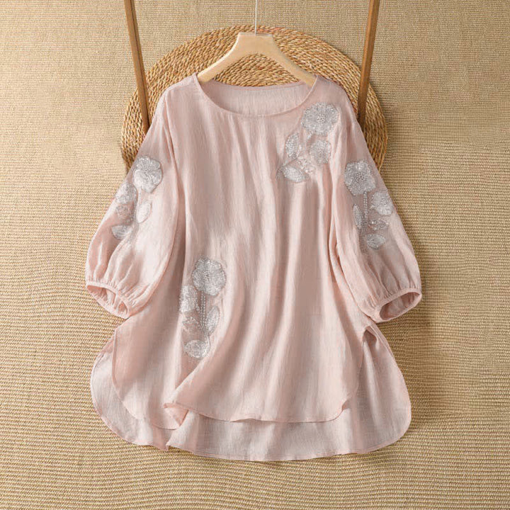 Buddha Stones 夏物カジュアルエレガント刺繍入りホワイト花柄クルーネックレディース長袖Tシャツ - ミスティローズ - US14, UK/AU18, EU46 （2XL） - image 0