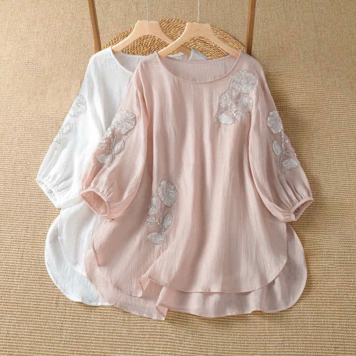 Buddha Stones 夏物カジュアルエレガント刺繍入りホワイト花柄クルーネックレディース長袖Tシャツ - image 8