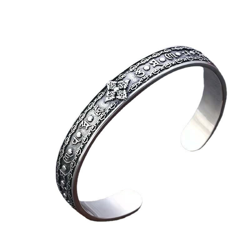 Buddha Stones925スターリングシルバーオーム・マニ・パドメ・フムダブルドルジェ 刻印入り ウィズダムカフブレスレット バングル