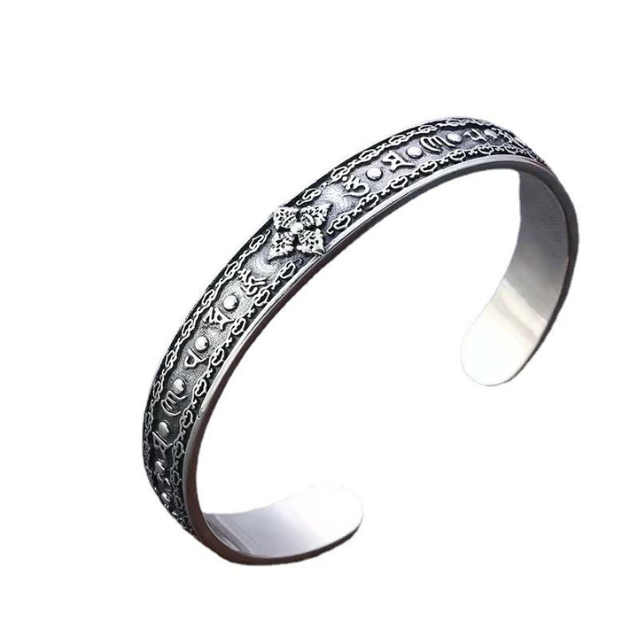 Buddha Stones925スターリングシルバーオーム・マニ・パドメ・フムダブルドルジェ 刻印入り ウィズダムカフブレスレット バングル