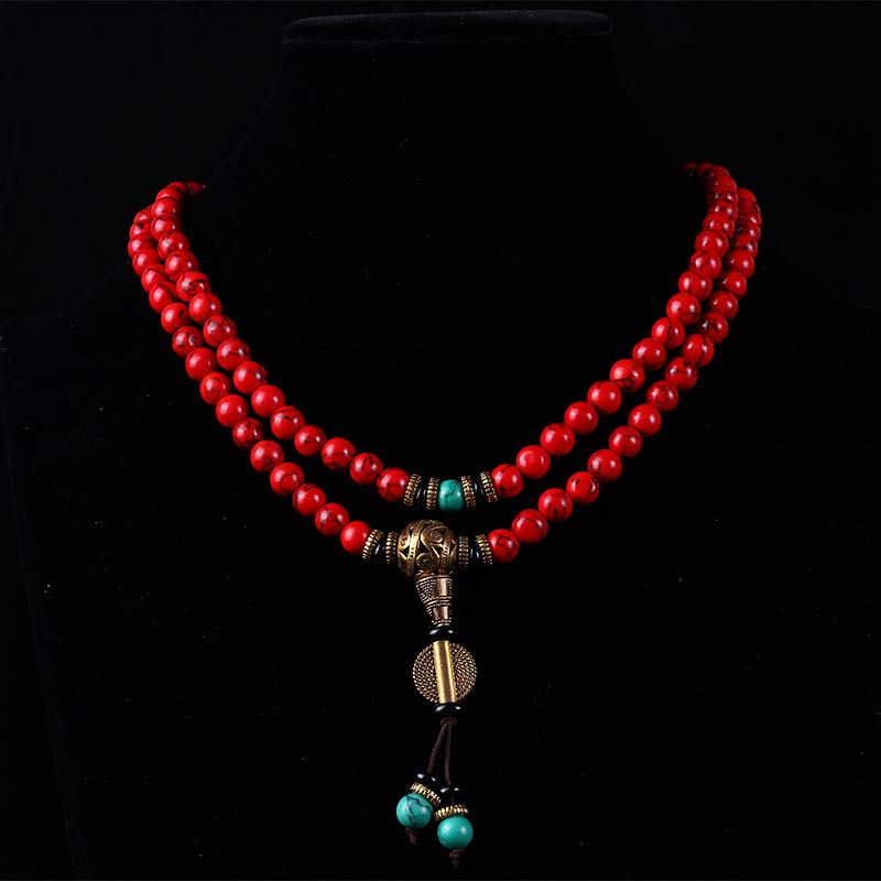 Buddha Stones チベットMala レッドターコイズの幸運 ネックレス＆ブレスレット