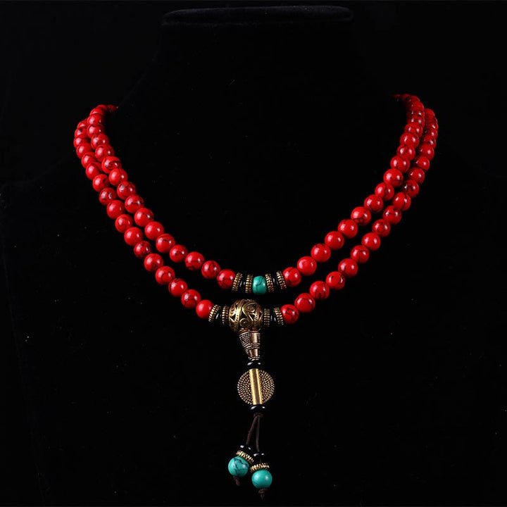 Buddha Stones チベットMala レッドターコイズの幸運 ネックレス＆ブレスレット