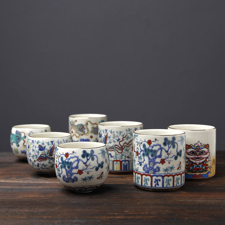 Buddha Stonesヴィンテージ 梅の花 松 竹 鳳凰 麒麟 獅子舞 陶器 ティーカップ ティーカップ