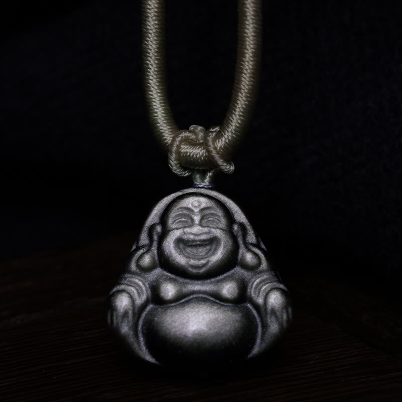 Buddha Stones天然銀光沢黒曜石 笑う仏陀 守護ネックレスペンダント - image 4