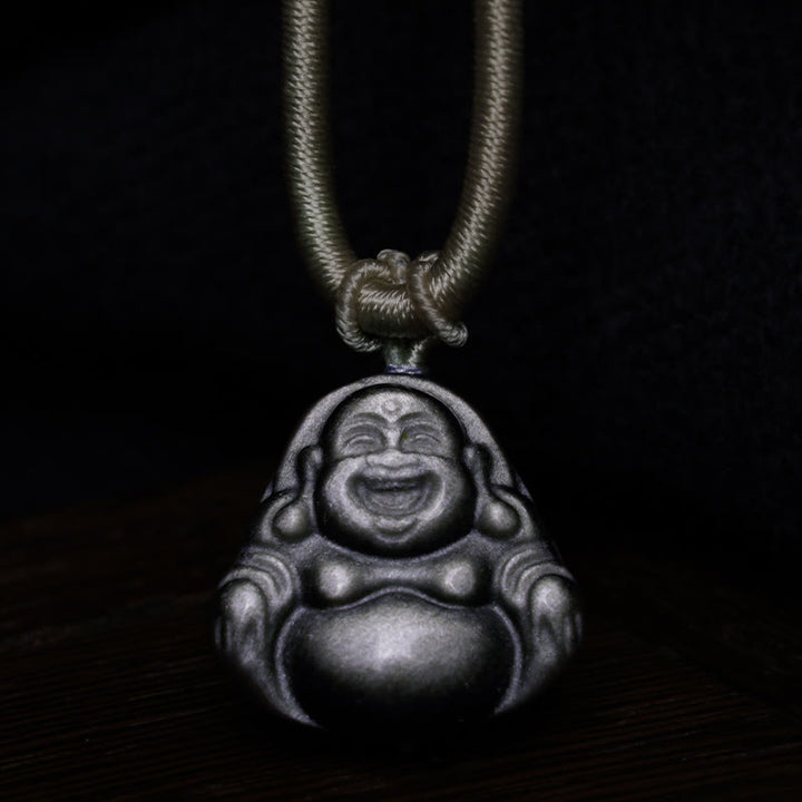 Buddha Stones天然銀光沢黒曜石 笑う仏陀 守護ネックレスペンダント - image 4