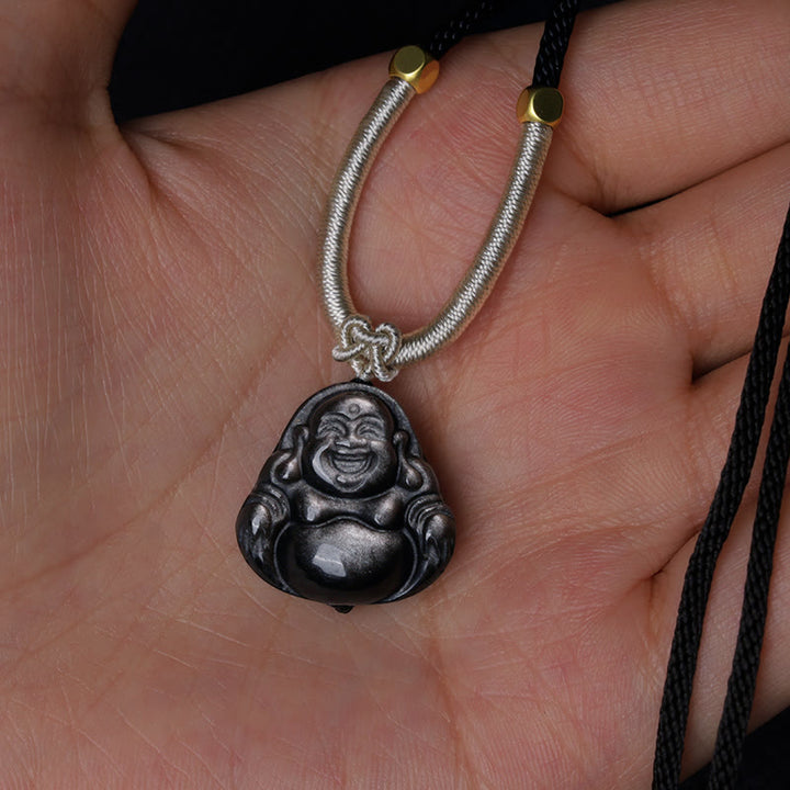 Buddha Stones天然銀光沢黒曜石 笑う仏陀 守護ネックレスペンダント - image 8