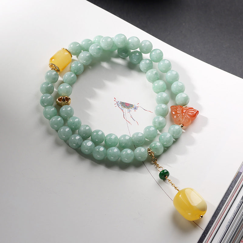Buddha Stones925スターリングシルバー 天然翡翠 アンバー バタフライ 幸運の豊かさのブレスレット
