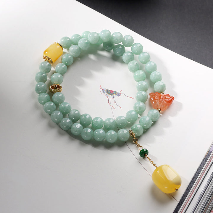 Buddha Stones925スターリングシルバー 天然翡翠 アンバー バタフライ 幸運の豊かさのブレスレット