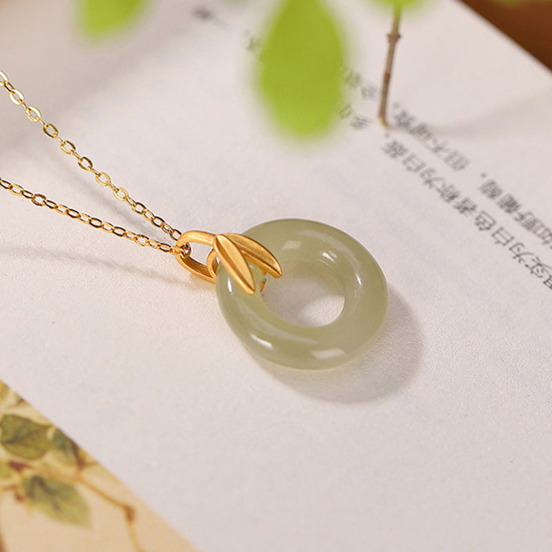 Buddha Stones 925スターリングシルバー シアン翡翠 ピースバックル 竹の葉 ハーモニーネックレスペンダント