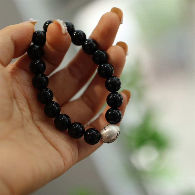 Buddha Stones 925スターリングシルバー ブラックオニキスビーズ キャラクター刻印入り 守護ブレスレット