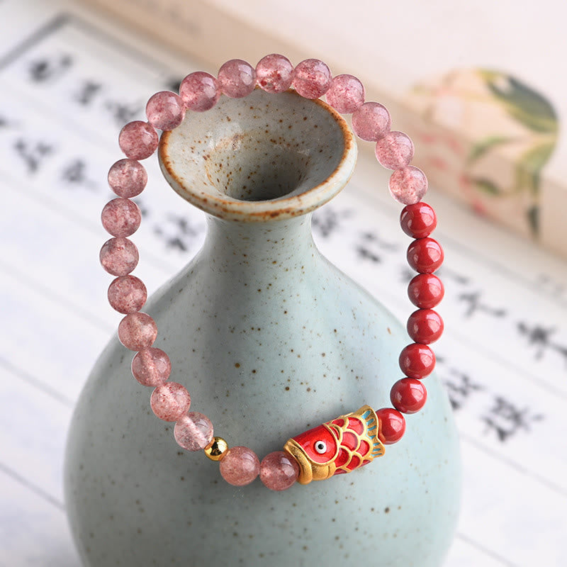 Buddha Stones天然ストロベリークォーツ 辰砂 幸運の鯉 ヒーリングブレスレット