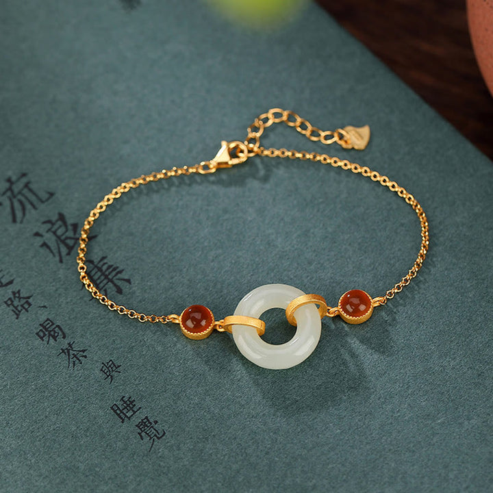 Buddha Stones 925スターリングシルバー ゴールドメッキ 天然和田翡翠 平和バックル 赤瑪瑙 幸運ブレスレット