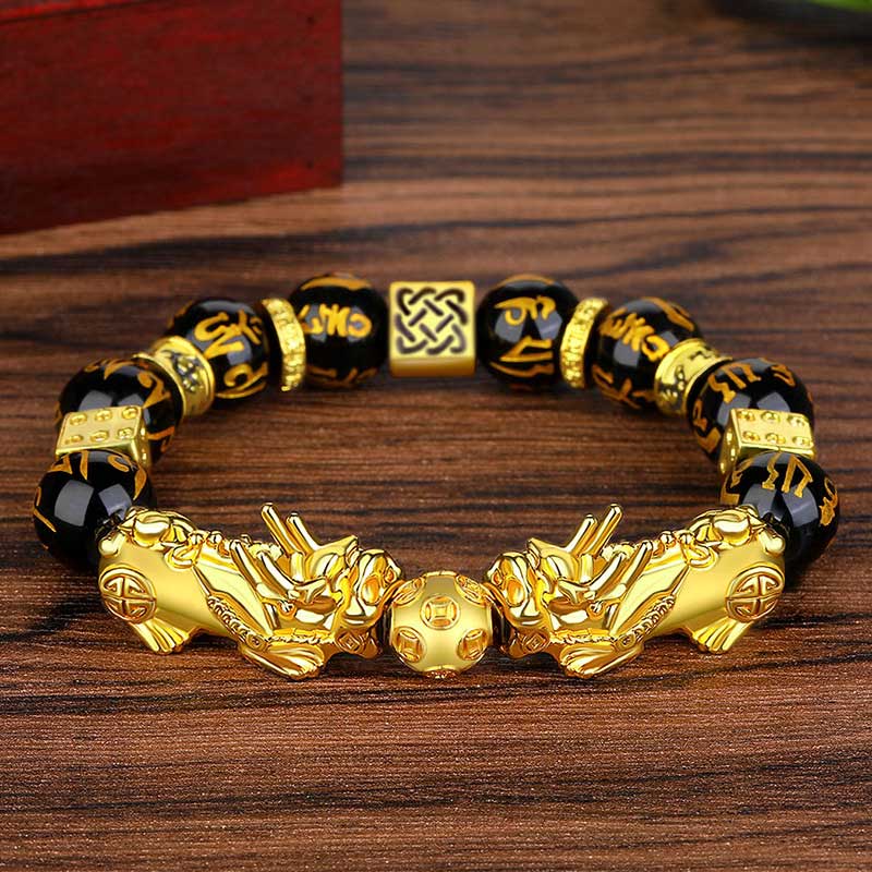 Buddha Stones風水ダブル貔貅黒曜石オーム・マニ・パドメ・フム開運財運ブレスレット