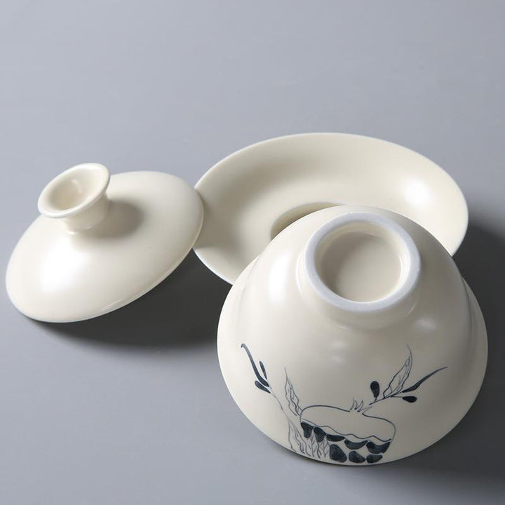 Buddha Stones手描きザクロハイビスカス松蓮陶器蓋碗三彩ティーカップカンフーティーカップ＆ソーサー蓋付き