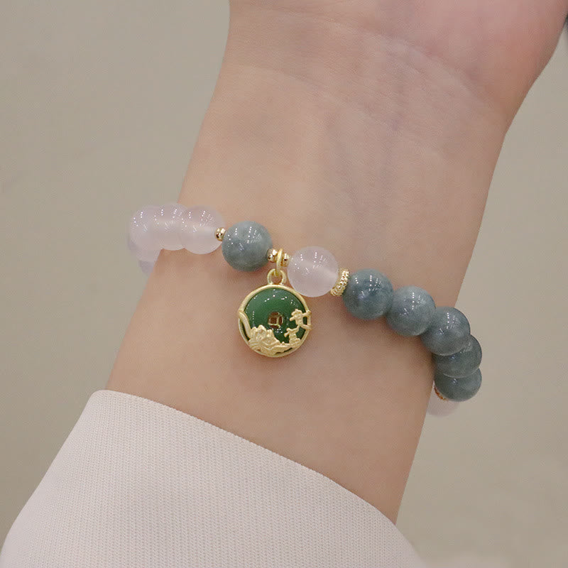 Buddha Stones白瑪瑙 翡翠 蓮の花 平和バックル 守護ブレスレット