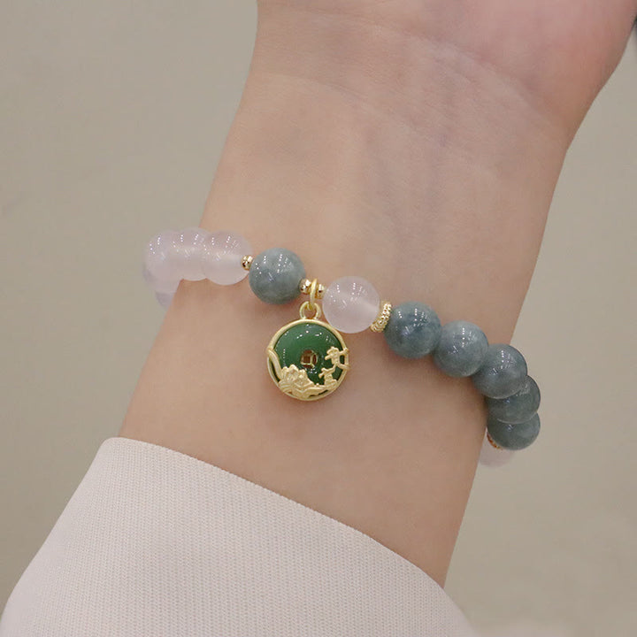Buddha Stones白瑪瑙 翡翠 蓮の花 平和バックル 守護ブレスレット