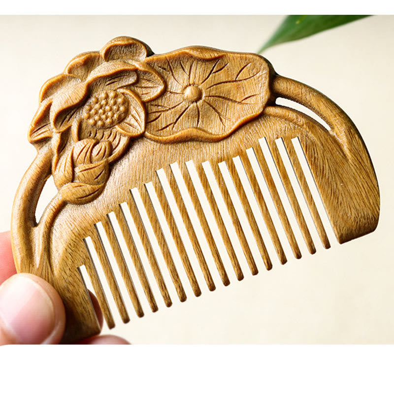 天然グリーンサンダルウッドの蓮の花の葉が刻まれた癒しの櫛