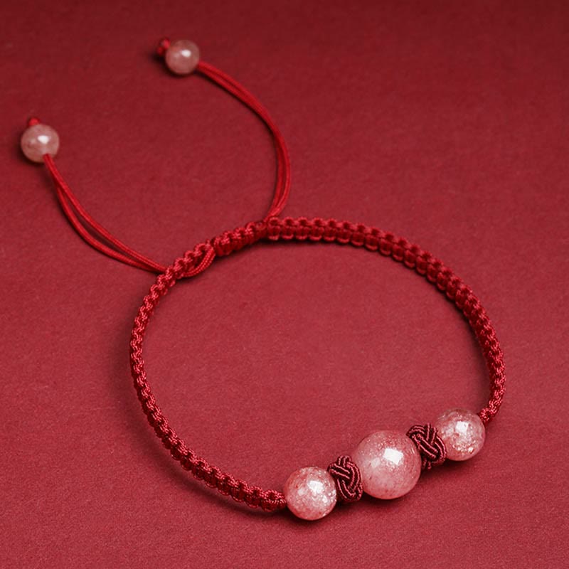 Buddha Stones天然ストロベリークォーツ クリスタル ラブ レッドストリング ウィーブ ブレスレット アンクレット