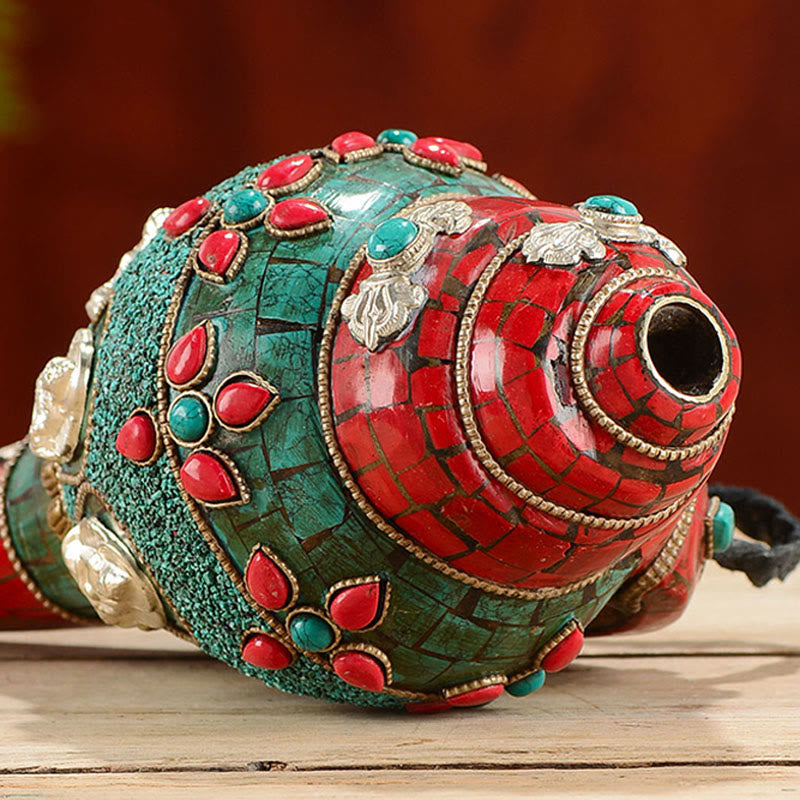 チベット手作り Shankha Om Mani Padme Hum Buddha Avalokitesvara ターコイズ コンクシェル ポジティブ装飾