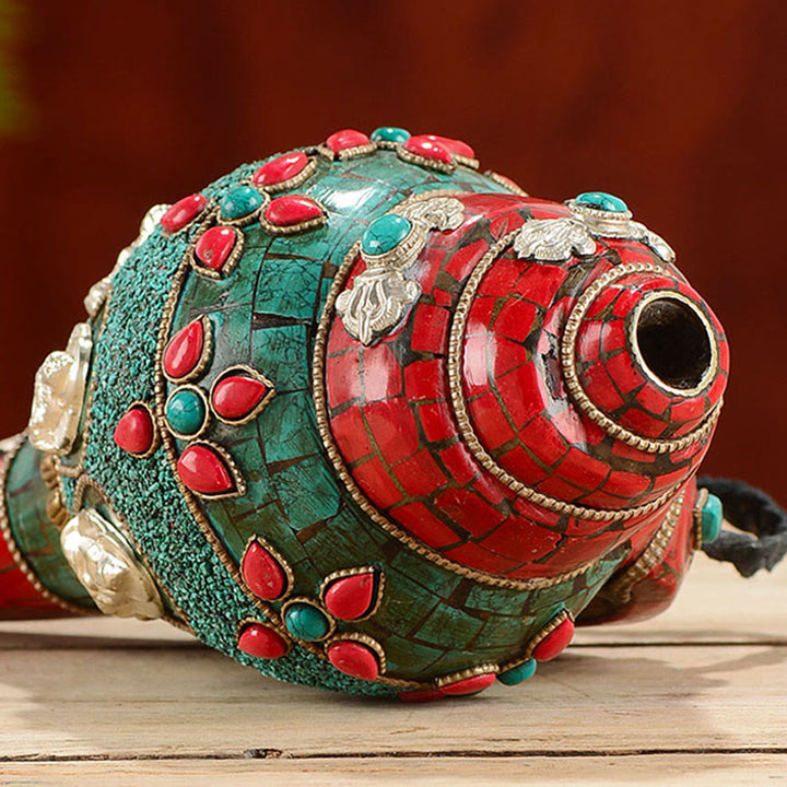 チベット手作り Shankha Om Mani Padme Hum Buddha Avalokitesvara ターコイズ コンクシェル ポジティブ装飾