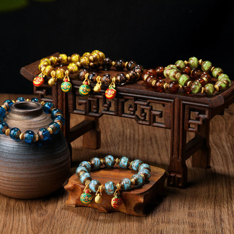 Buddha Stones金呑み獣ファミリーチャーム 琉璃ガラスビーズ 幸運ブレスレット