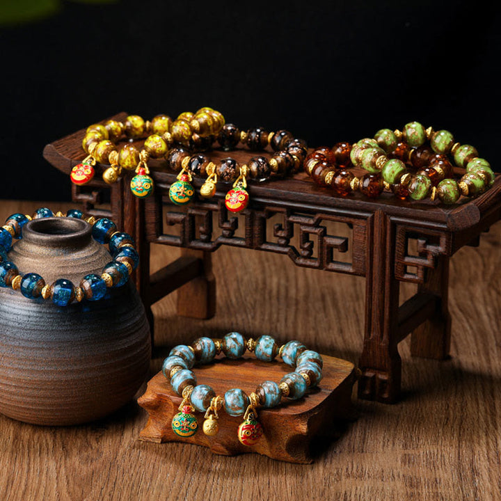 Buddha Stones金呑み獣ファミリーチャーム 琉璃ガラスビーズ 幸運ブレスレット
