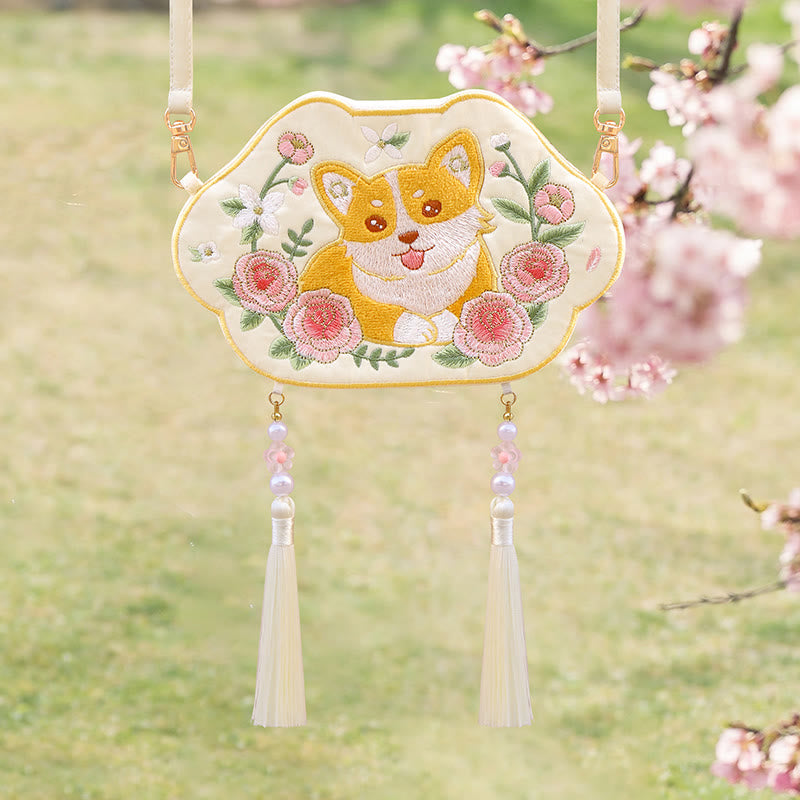 Buddha Stones刺繍のラッキーパンダ猫柴犬鹿ウサギキツネ花かわいい動物漢服バッグクロスボディバッグショルダーバッグ