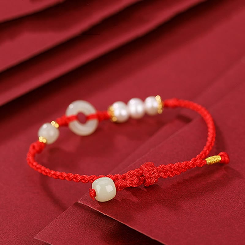 Buddha Stones 925スターリングシルバーメッキゴールド和田翡翠平和バックルパール幸運ブレスレット