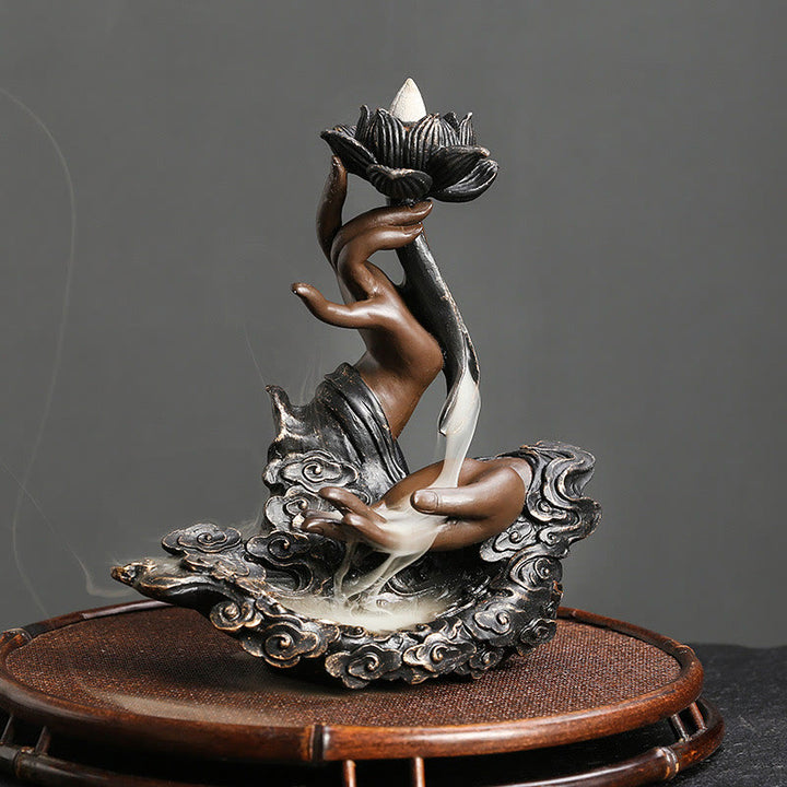Buddha Stones蓮仏手 吉祥雲模様 瞑想用 樹脂製 逆流香炉