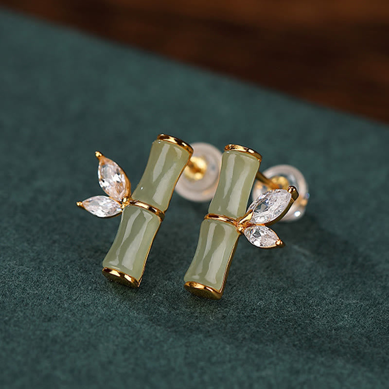 Buddha Stones925スターリングシルバー和田シアン翡翠白翡翠赤瑪瑙竹模様幸運スタッドピアス