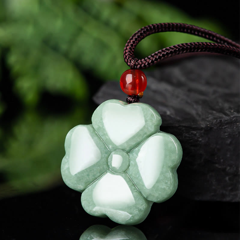 Buddha Stones天然幸運四つ葉のクローバー翡翠繁栄ネックレスペンダント