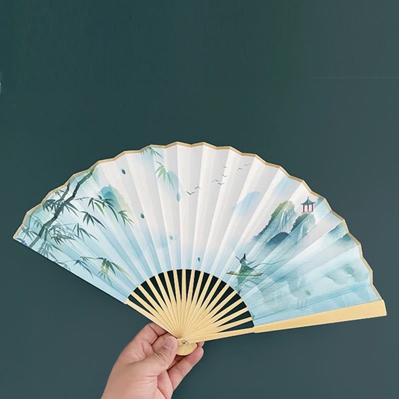 Buddha Stonesレトロ 蓮の花 葉 山 湖 手持ち扇子 竹製フレーム付き