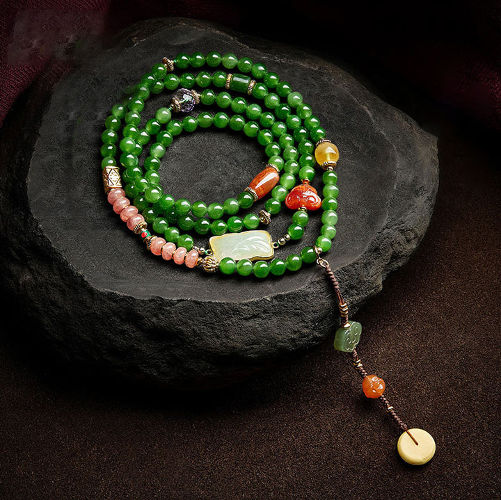 Buddha Stones108 個入りMalaシアン翡翠 赤瑪瑙 笑う仏陀 幸運のブレスレット