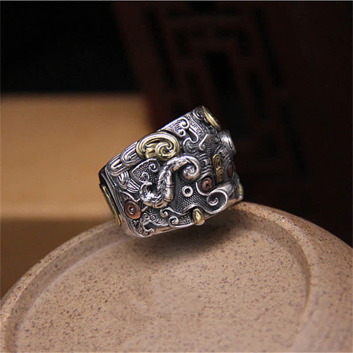 Buddha Stones925 スターリングシルバー 風水 魁 牛守 調節可能リング