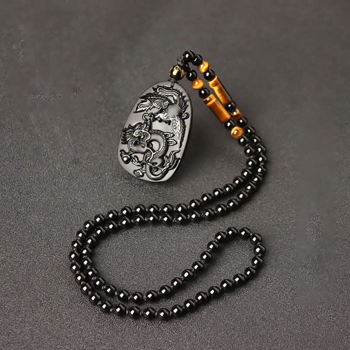 Buddha Stonesブラックオブシディアン タイガーアイ ドラゴン フェニックス 守護ビーズネックレスペンダント - image 13