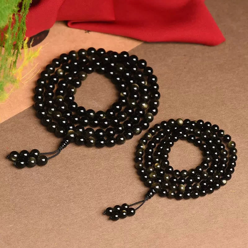 Buddha Stones 108Malaビーズ 天然ゴールド 光沢 黒曜石 富のブレスレット