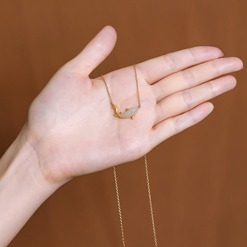 Buddha Stones925スターリングシルバー ホワイトジェイド ドルフィン 幸運のネックレスペンダント
