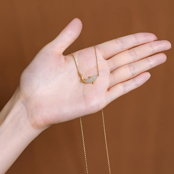 Buddha Stones925スターリングシルバー ホワイトジェイド ドルフィン 幸運のネックレスペンダント