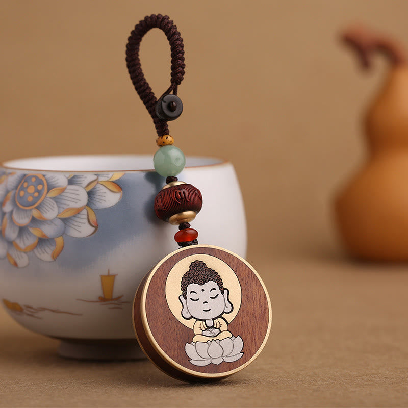 Buddha Stones黒檀木材ローズウッド仏観音菩薩Om Mani Padme Humバランス車のキーチェーン装飾