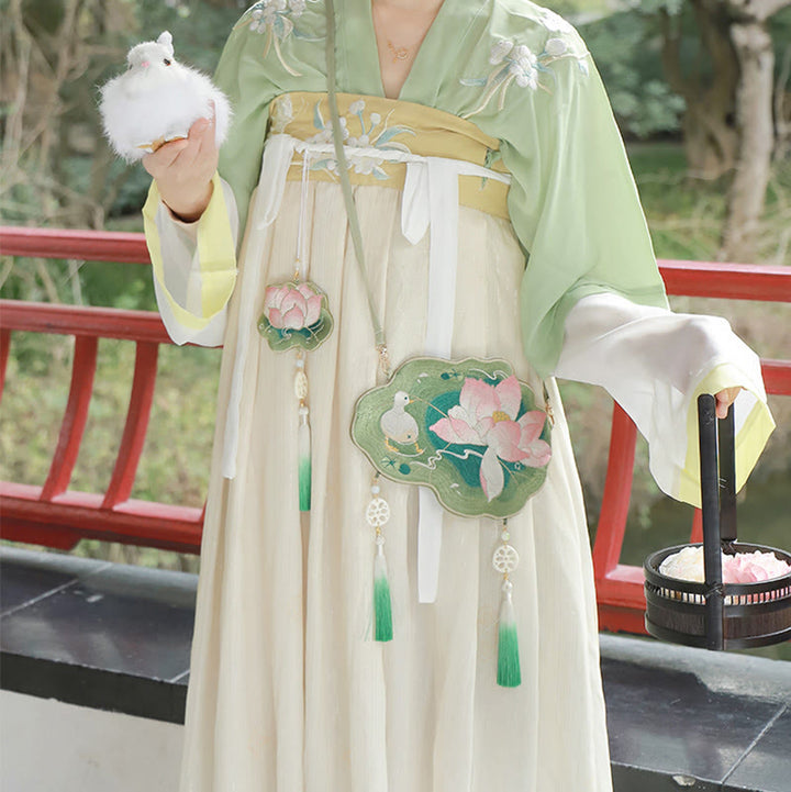 Buddha Stonesと幸運の刺繍、蓮と鯉とウサギの花の漢服バッグ、斜め掛けバッグ、ショルダーバッグ