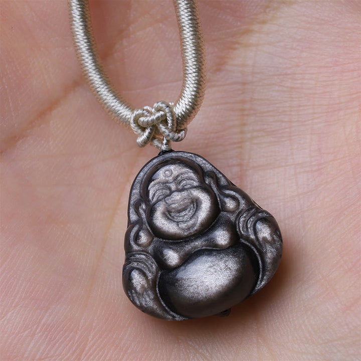 Buddha Stones天然銀光沢黒曜石 笑う仏陀 守護ネックレスペンダント - image 3