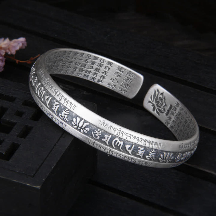 Buddha Stones999スターリングシルバーオーム・マニ・パドメ・フム般若心経 蓮華座 平和ブレスレット バングル