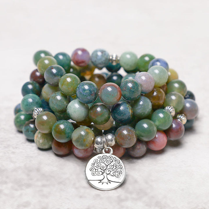 Buddha Stones108 個入りMalaビーズ インド瑪瑙 蓮華 OM 仏陀 生命の樹 ポジティブ カーム ブレスレット